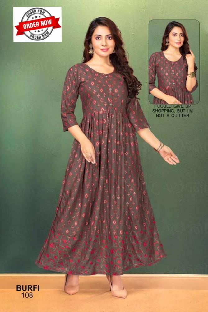 Barfi Vol 1 By Golden 101 To 108 Flaired Printed Kurtis Wholesale Clothing Suppliers In India
